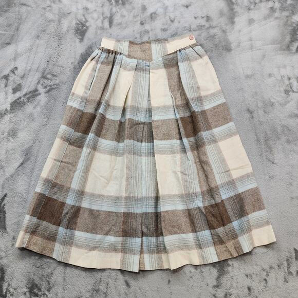 Vintage 70s Catch Me Skirt Women 7 W25 Gray Cream Blue Plaid Pleated Side Button - Picture 1 of 9